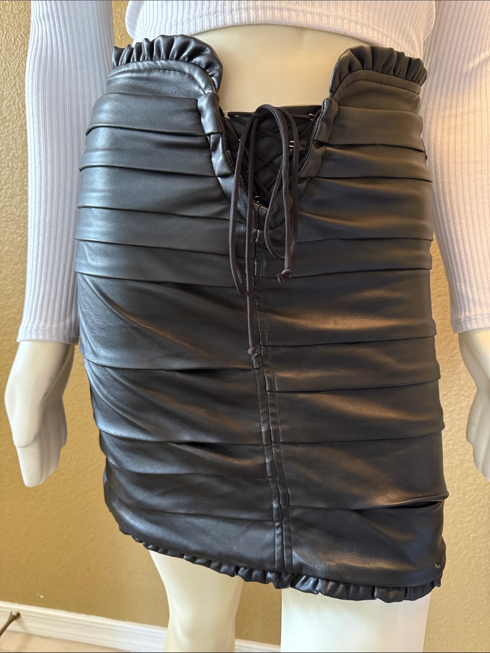 Skylar + Madison Black Faux Leather Ruched Lace-Up Mini Skirt